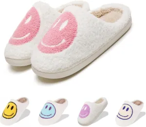 Fuzzy Slippers for Women Men, Cute Retro Fluffy Happy Face House Slippers, Plush Memory Foam Slippers for Women Indoor and Outdoor Cozy Trendy Slip-On Shoes
