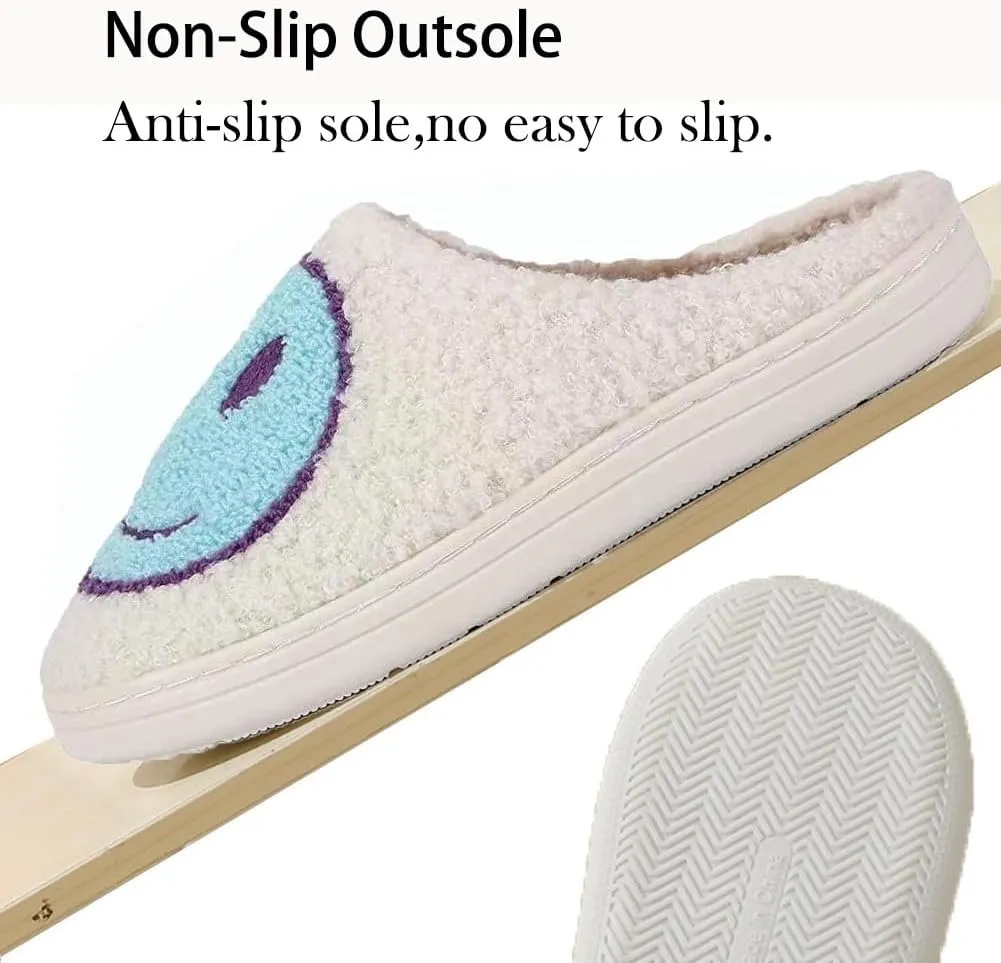 Fuzzy Slippers for Women Men, Cute Retro Fluffy Happy Face House Slippers, Plush Memory Foam Slippers for Women Indoor and Outdoor Cozy Trendy Slip-On Shoes