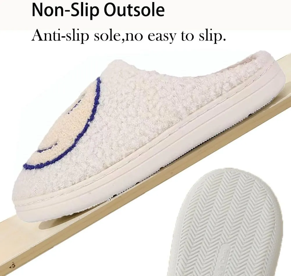 Fuzzy Slippers for Women Men, Cute Retro Fluffy Happy Face House Slippers, Plush Memory Foam Slippers for Women Indoor and Outdoor Cozy Trendy Slip-On Shoes