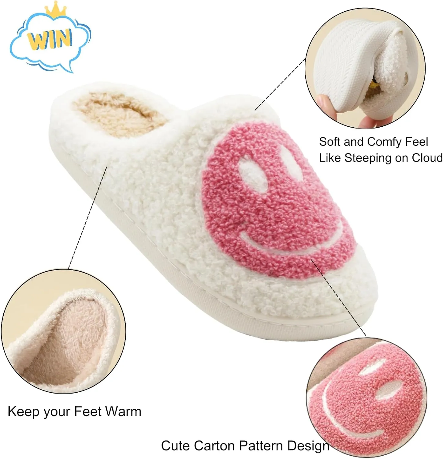 Fuzzy Slippers for Women Men, Cute Retro Fluffy Happy Face House Slippers, Plush Memory Foam Slippers for Women Indoor and Outdoor Cozy Trendy Slip-On Shoes