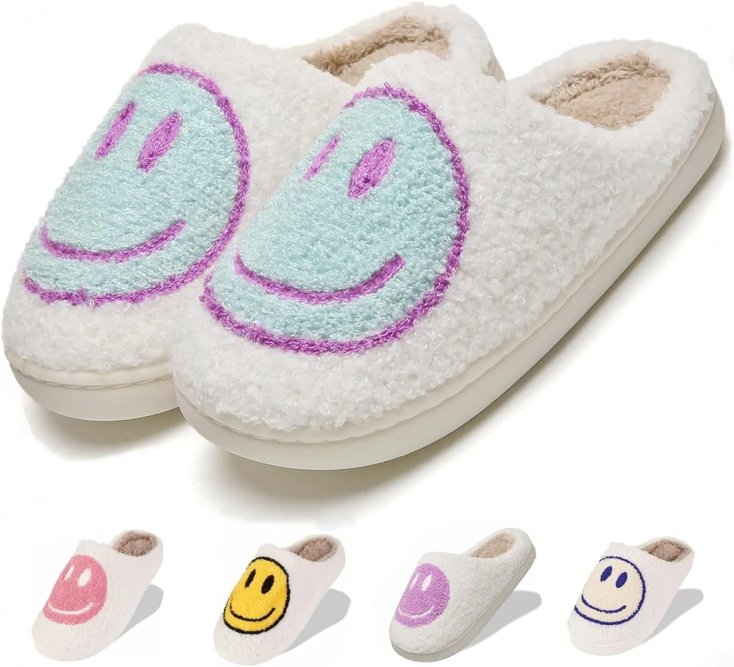 Fuzzy Slippers for Women Men, Cute Retro Fluffy Happy Face House Slippers, Plush Memory Foam Slippers for Women Indoor and Outdoor Cozy Trendy Slip-On Shoes