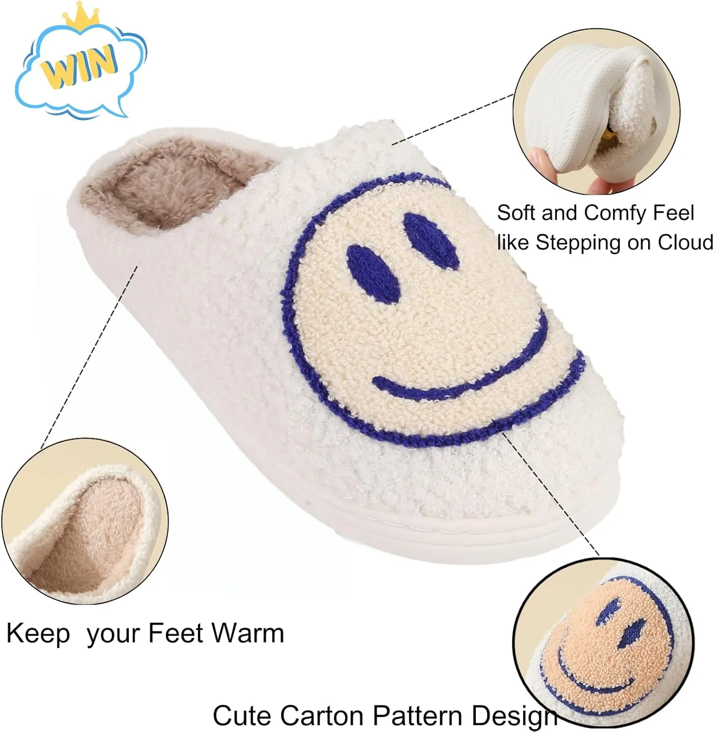 Fuzzy Slippers for Women Men, Cute Retro Fluffy Happy Face House Slippers, Plush Memory Foam Slippers for Women Indoor and Outdoor Cozy Trendy Slip-On Shoes