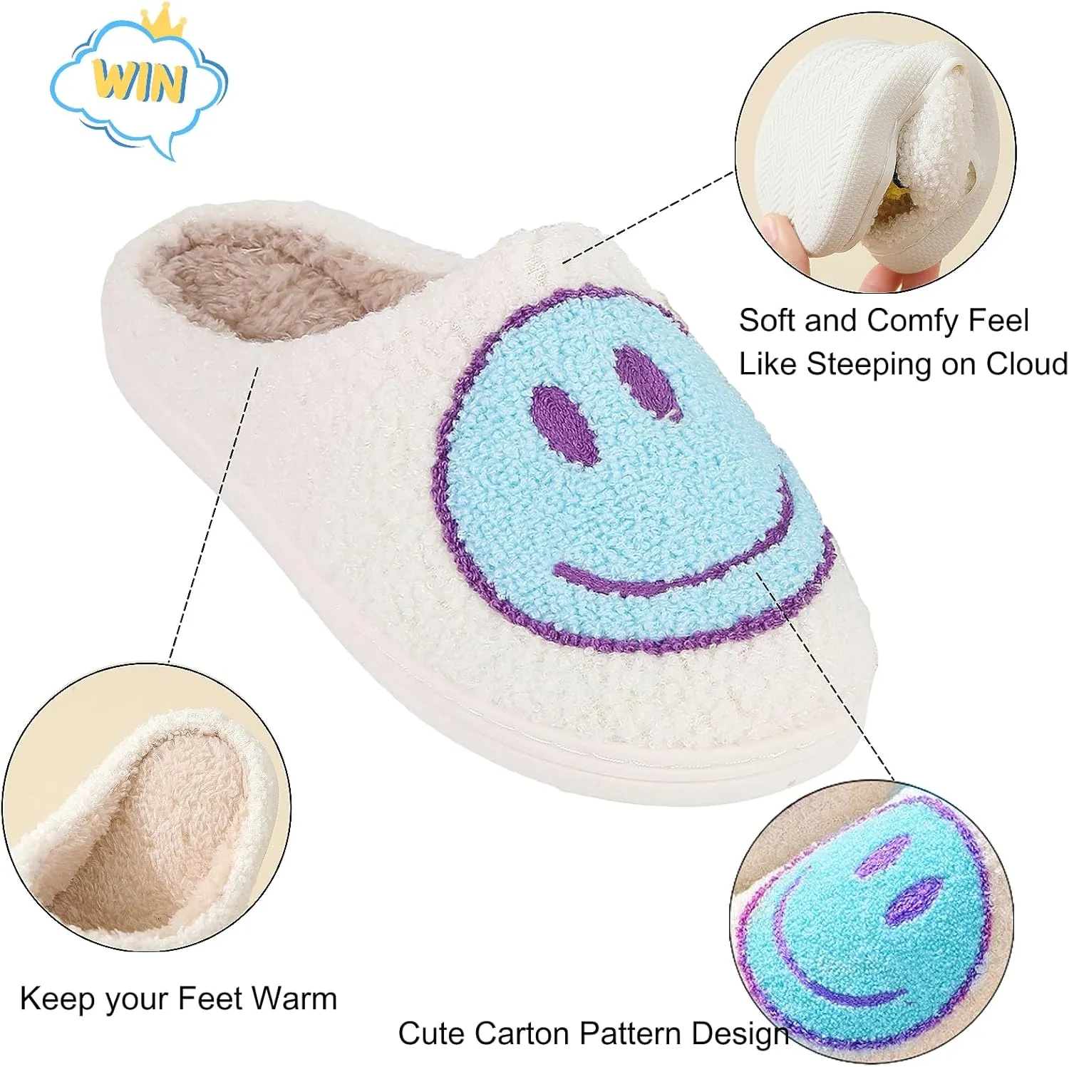 Fuzzy Slippers for Women Men, Cute Retro Fluffy Happy Face House Slippers, Plush Memory Foam Slippers for Women Indoor and Outdoor Cozy Trendy Slip-On Shoes