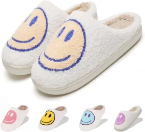 Fuzzy Slippers for Women Men, Cute Retro Fluffy Happy Face House Slippers, Plush Memory Foam Slippers for Women Indoor and Outdoor Cozy Trendy Slip-On Shoes