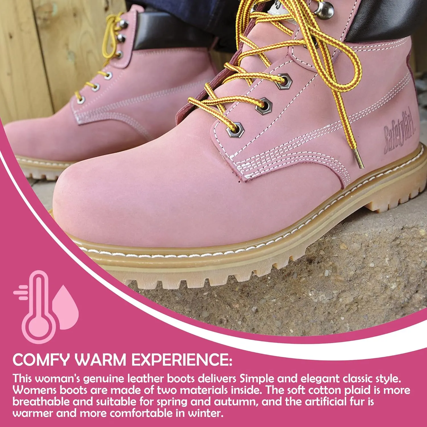 GS003-Lt Pink-9W Steel Toe Work Boots - Light Pink - 9W, English, Capacity, Volume, Leather, 9W, Pink ()