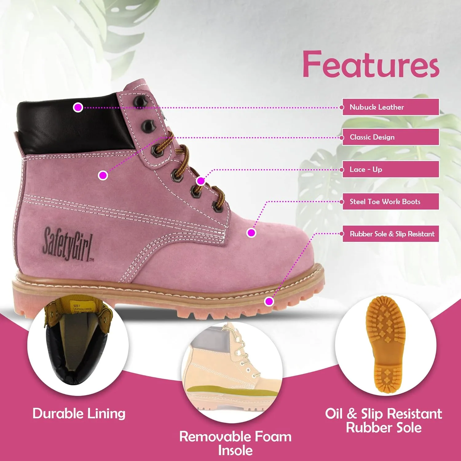 GS003-Lt Pink-9W Steel Toe Work Boots - Light Pink - 9W, English, Capacity, Volume, Leather, 9W, Pink ()