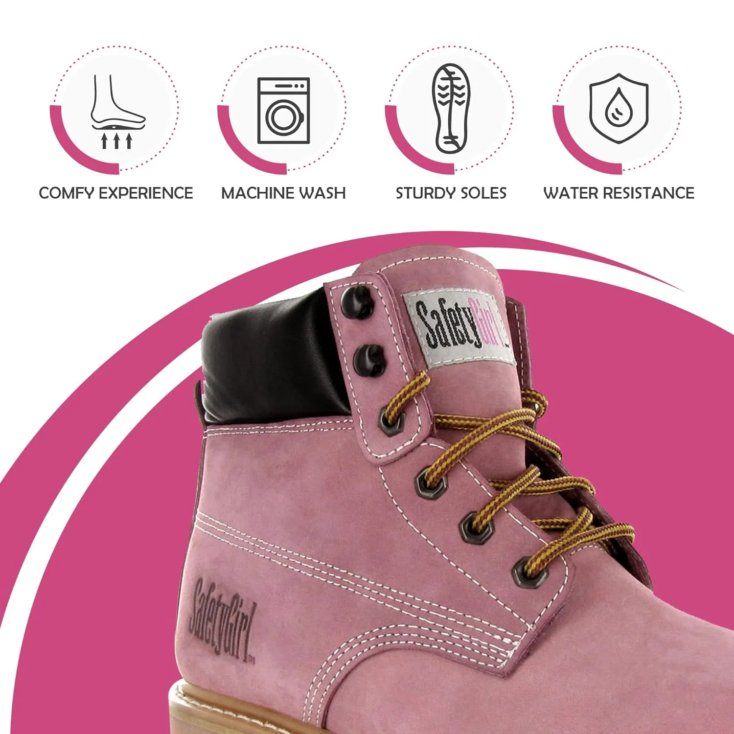 GS003-Lt Pink-9W Steel Toe Work Boots - Light Pink - 9W, English, Capacity, Volume, Leather, 9W, Pink ()
