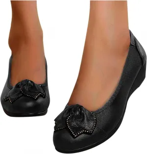 Hbeylia Wedge Ballet Flats For Women Vintage Casual Boho Flower Rhinestones Leather Round Toe Chunky High Heels Slip On Loafers Dress Oxfords Walking Shoes Soft Comfort Non Slip Work Fall Shoes