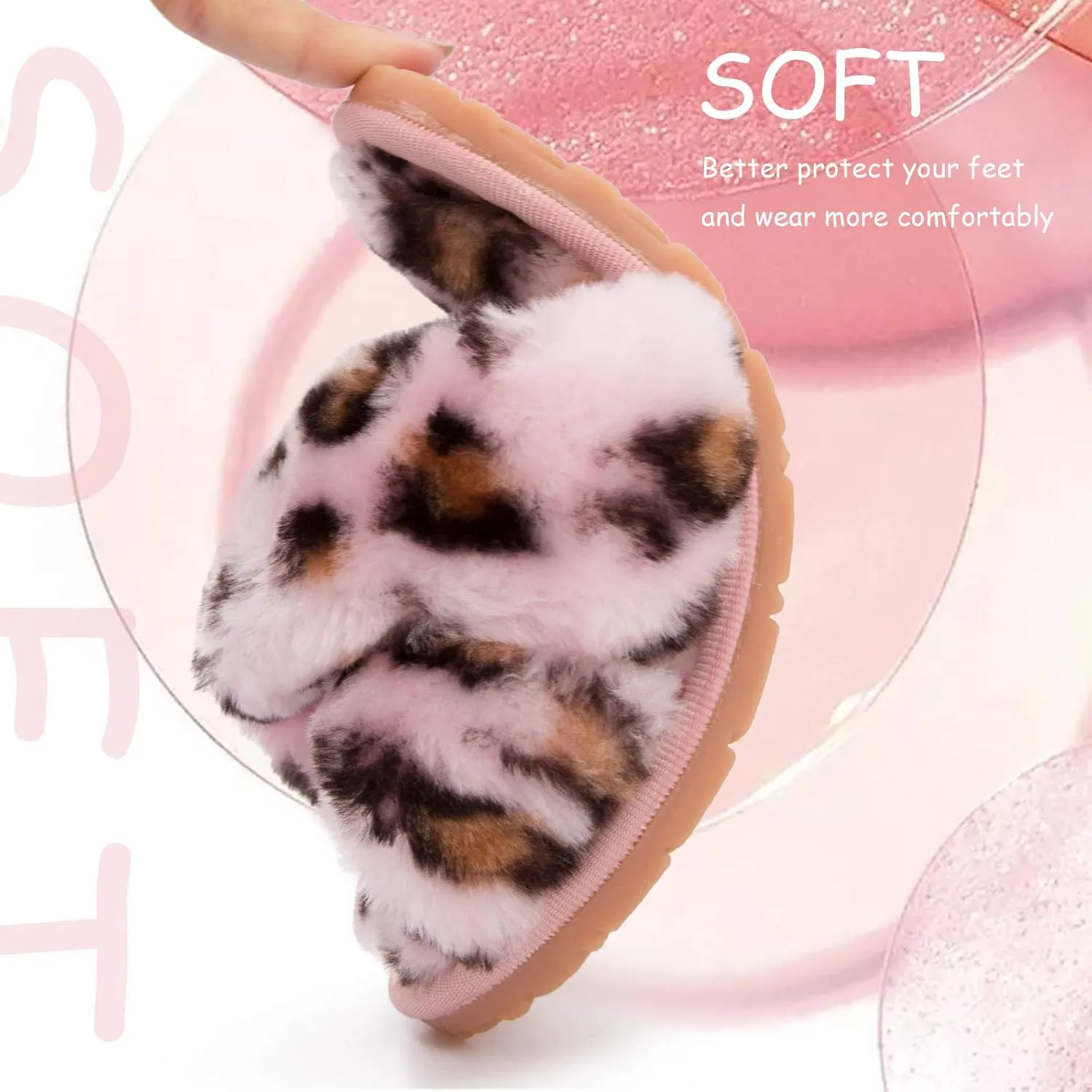 ISZPLUSH Girl's Fluffy Slippers Kids' Fuzzy Slippers Slide Sandals Leopard Tie Dye Cross Band Plush Open Toe Slip on House Bedroom Slippers