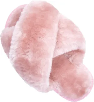 ISZPLUSH Girl's Fluffy Slippers Kids' Fuzzy Slippers Slide Sandals Leopard Tie Dye Cross Band Plush Open Toe Slip on House Bedroom Slippers