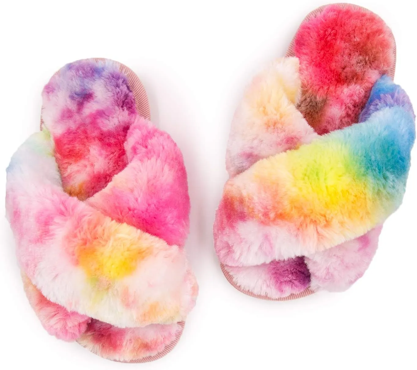 ISZPLUSH Girl's Fluffy Slippers Kids' Fuzzy Slippers Slide Sandals Leopard Tie Dye Cross Band Plush Open Toe Slip on House Bedroom Slippers