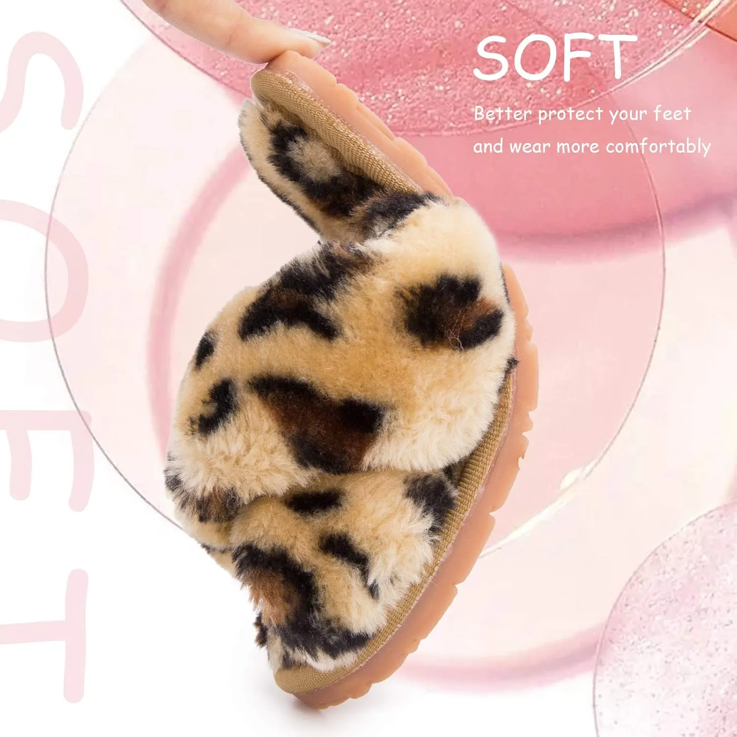 ISZPLUSH Girl's Fluffy Slippers Kids' Fuzzy Slippers Slide Sandals Leopard Tie Dye Cross Band Plush Open Toe Slip on House Bedroom Slippers