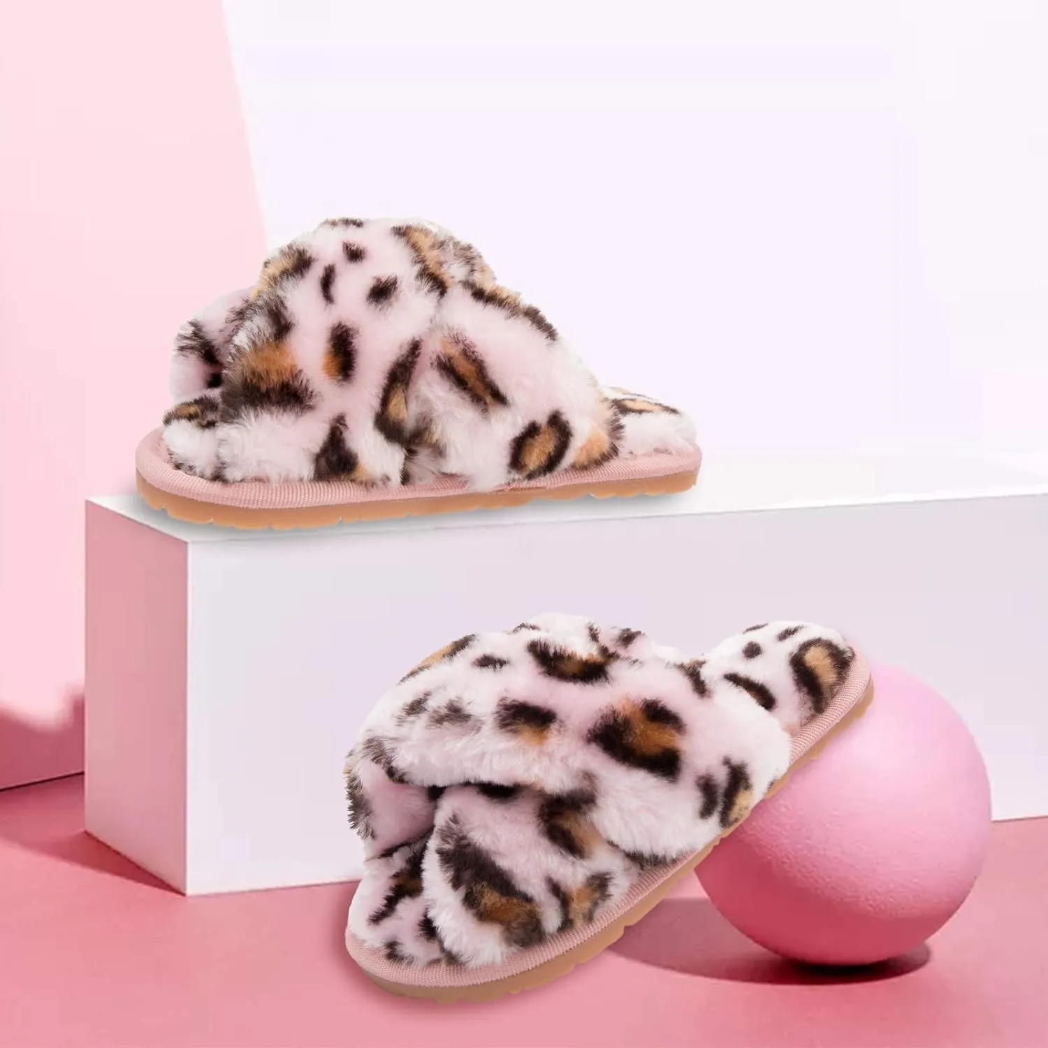 ISZPLUSH Girl's Fluffy Slippers Kids' Fuzzy Slippers Slide Sandals Leopard Tie Dye Cross Band Plush Open Toe Slip on House Bedroom Slippers