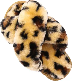 ISZPLUSH Girl's Fluffy Slippers Kids' Fuzzy Slippers Slide Sandals Leopard Tie Dye Cross Band Plush Open Toe Slip on House Bedroom Slippers