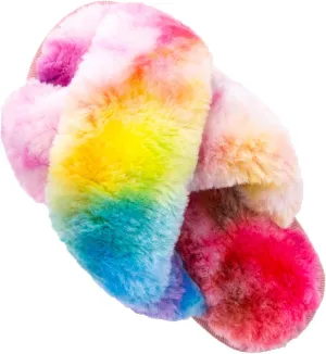 ISZPLUSH Girl's Fluffy Slippers Kids' Fuzzy Slippers Slide Sandals Leopard Tie Dye Cross Band Plush Open Toe Slip on House Bedroom Slippers