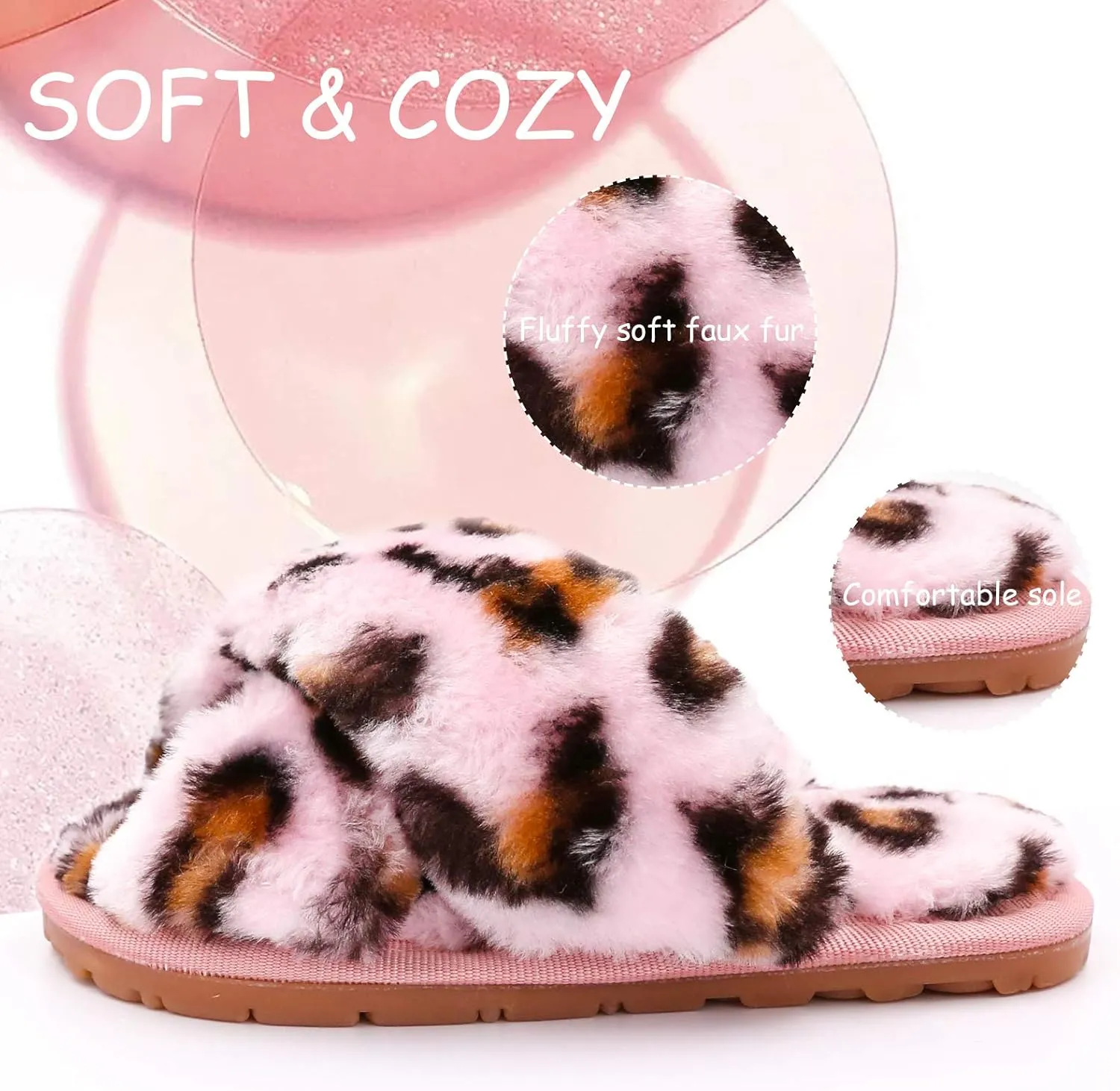 ISZPLUSH Girl's Fluffy Slippers Kids' Fuzzy Slippers Slide Sandals Leopard Tie Dye Cross Band Plush Open Toe Slip on House Bedroom Slippers