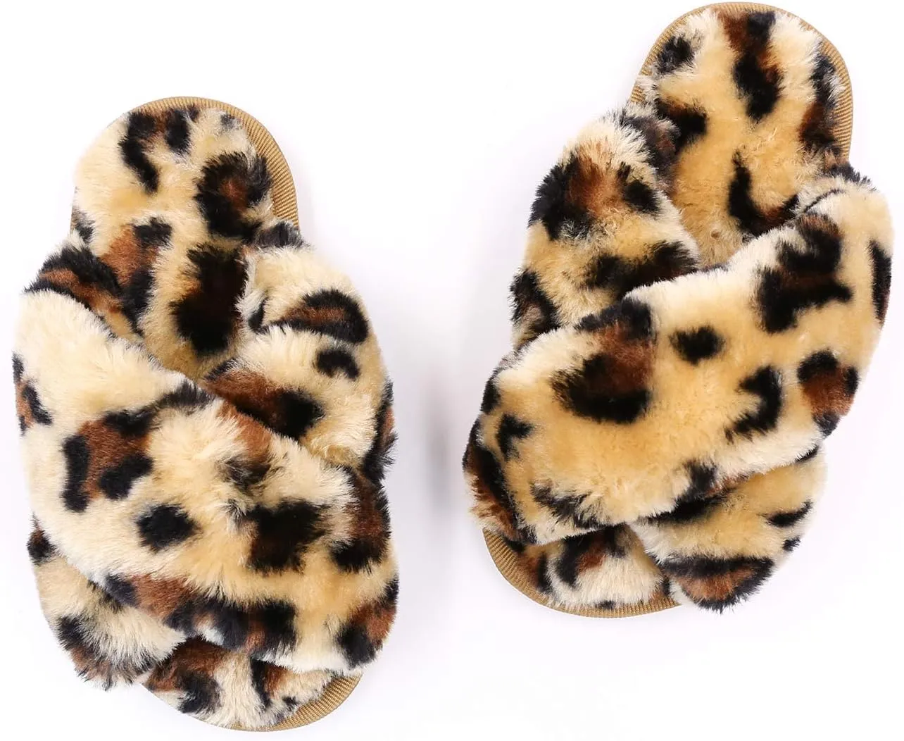 ISZPLUSH Girl's Fluffy Slippers Kids' Fuzzy Slippers Slide Sandals Leopard Tie Dye Cross Band Plush Open Toe Slip on House Bedroom Slippers