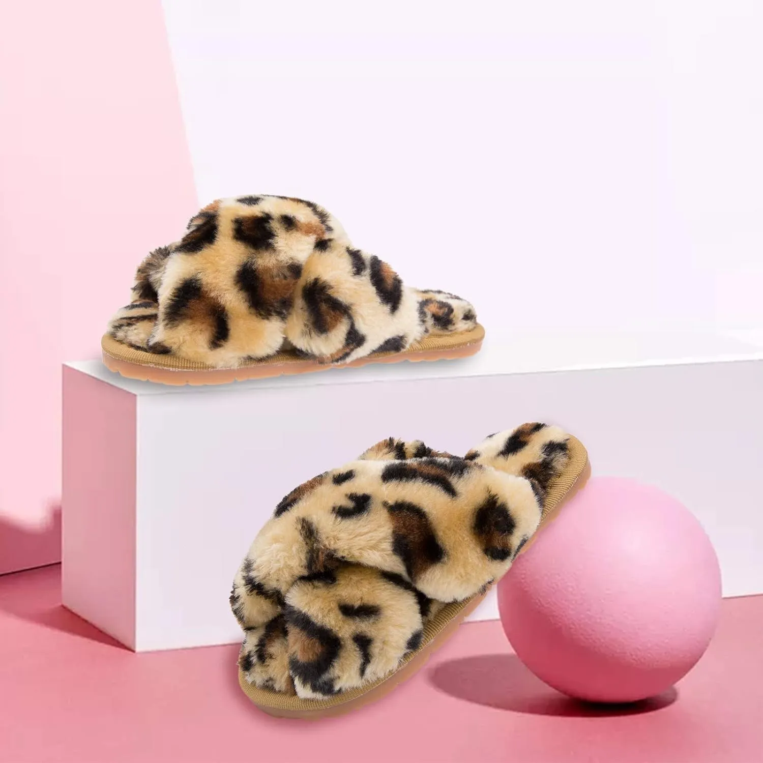 ISZPLUSH Girl's Fluffy Slippers Kids' Fuzzy Slippers Slide Sandals Leopard Tie Dye Cross Band Plush Open Toe Slip on House Bedroom Slippers