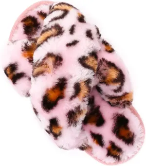ISZPLUSH Girl's Fluffy Slippers Kids' Fuzzy Slippers Slide Sandals Leopard Tie Dye Cross Band Plush Open Toe Slip on House Bedroom Slippers