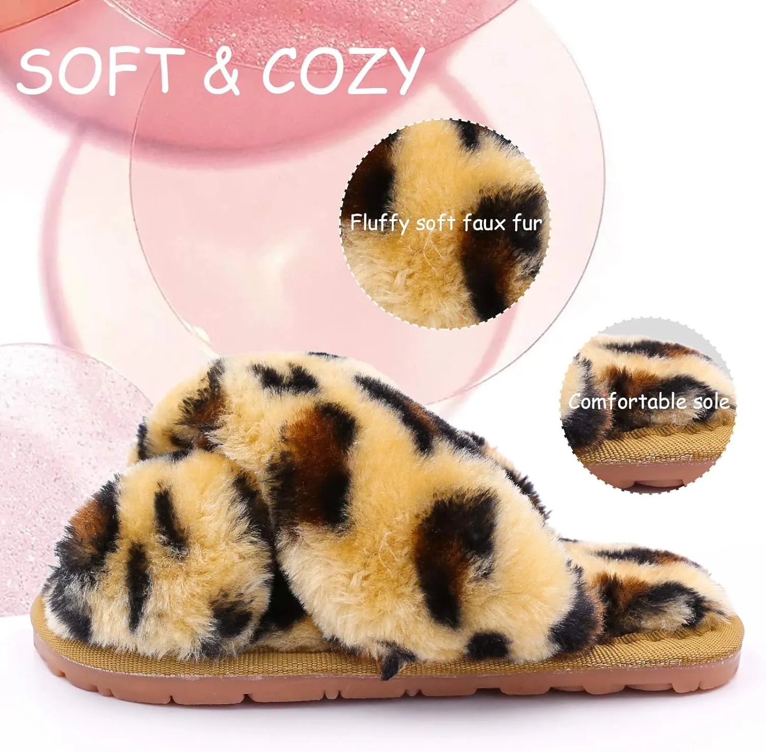 ISZPLUSH Girl's Fluffy Slippers Kids' Fuzzy Slippers Slide Sandals Leopard Tie Dye Cross Band Plush Open Toe Slip on House Bedroom Slippers