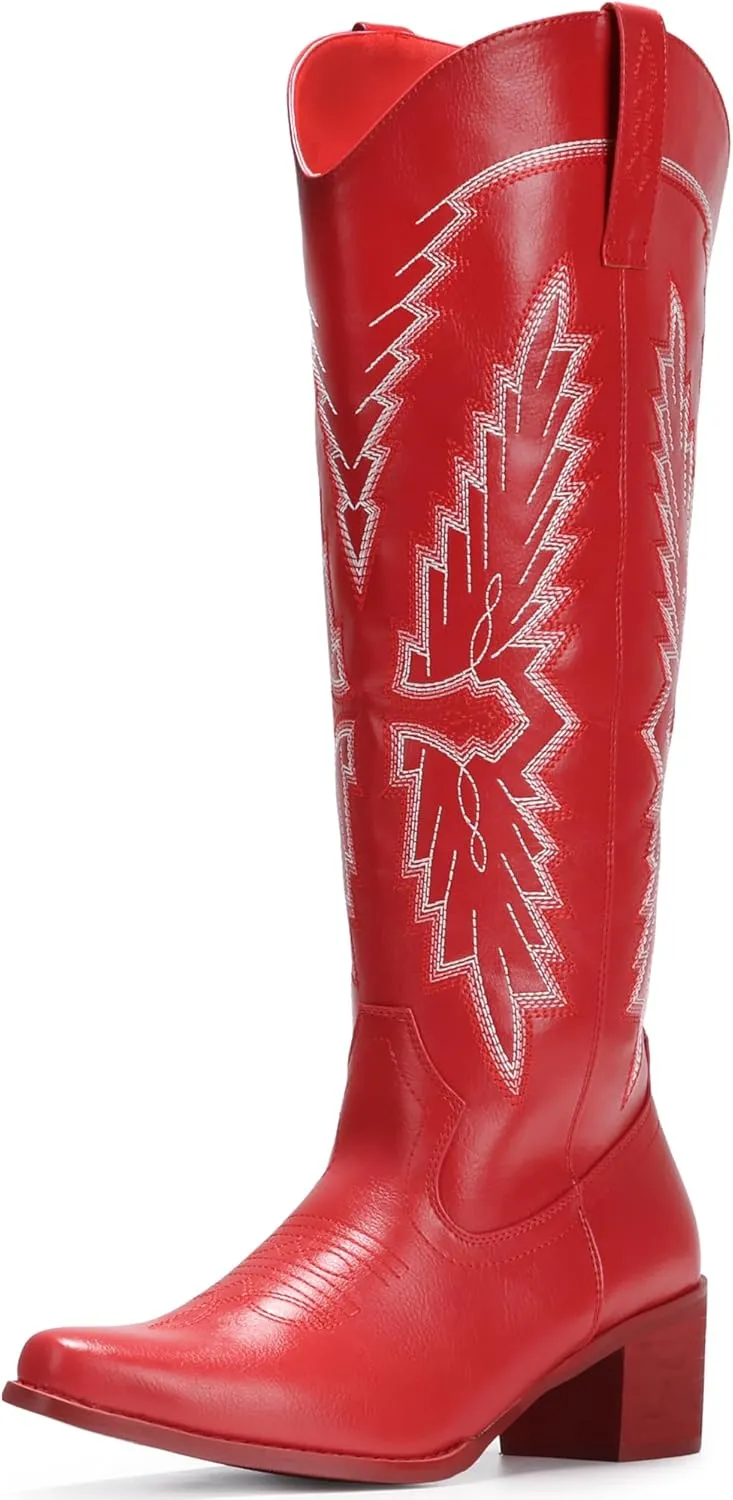 IUV Cowboy Boots for Women Knee High Western Pointy Toe Chunky Heel Zipper Cowgirl Boots for Country Concert