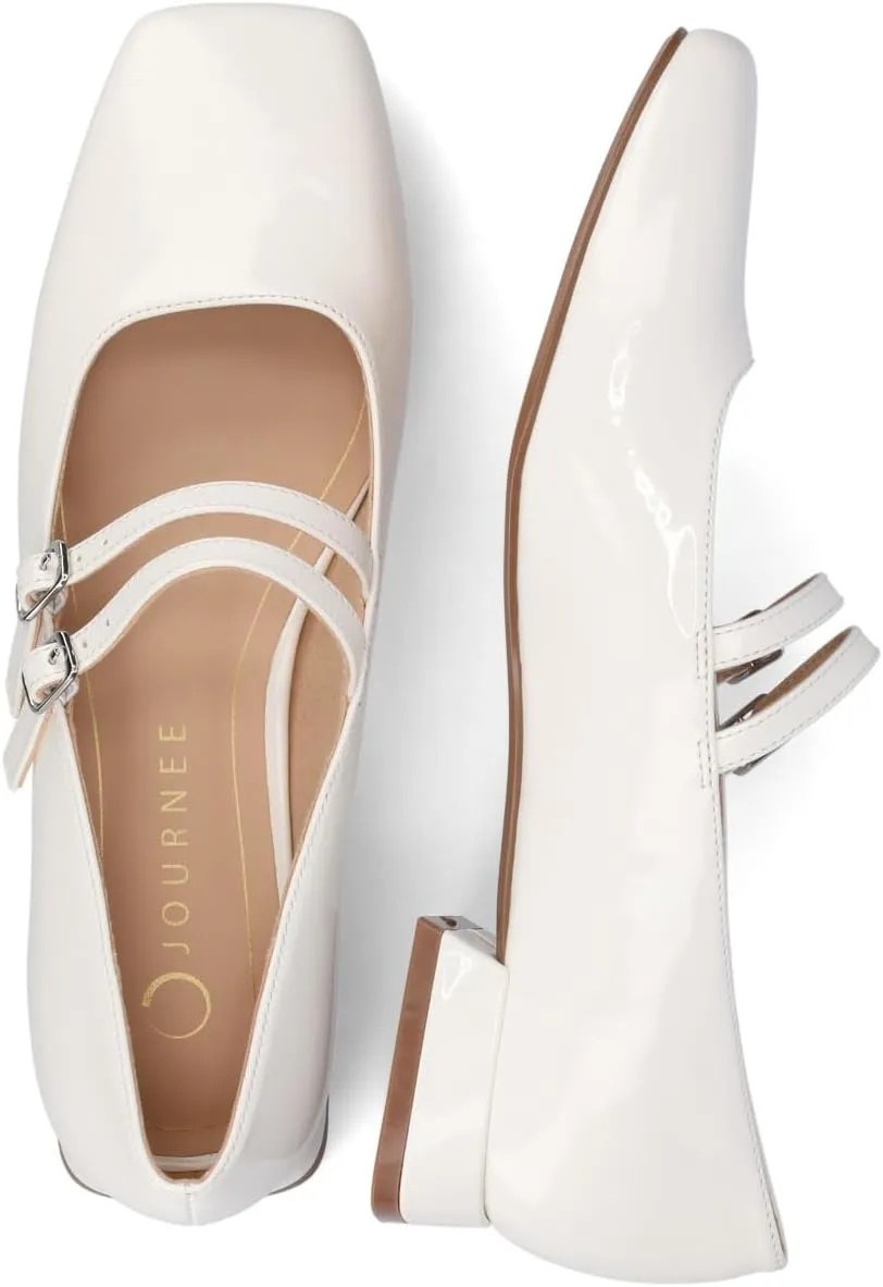 Journee Collection Womens Gredah Mary Jane Dress Flats Strappy Double Buckle Slip On Cushioned Block Heel Square Toe