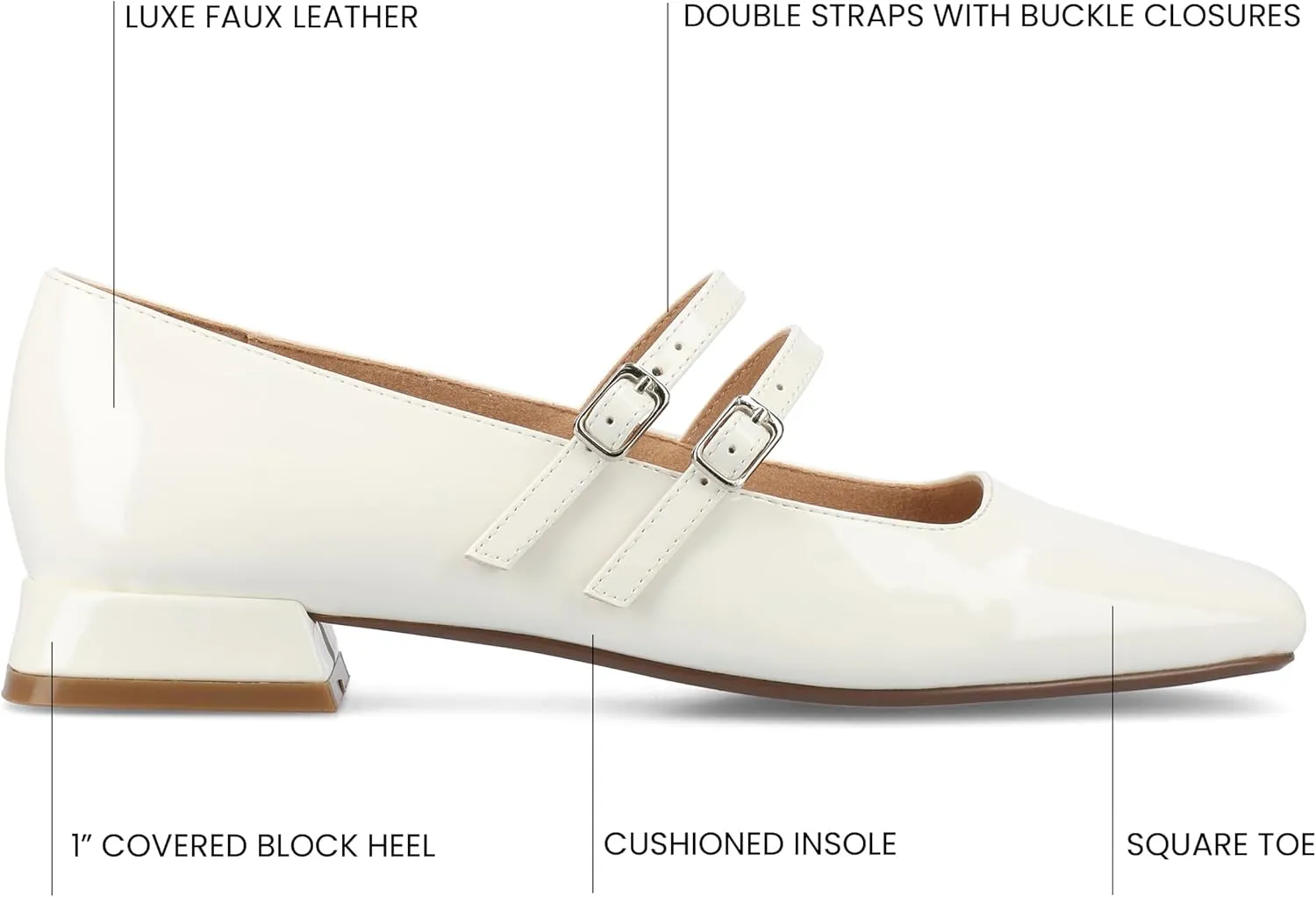 Journee Collection Womens Gredah Mary Jane Dress Flats Strappy Double Buckle Slip On Cushioned Block Heel Square Toe