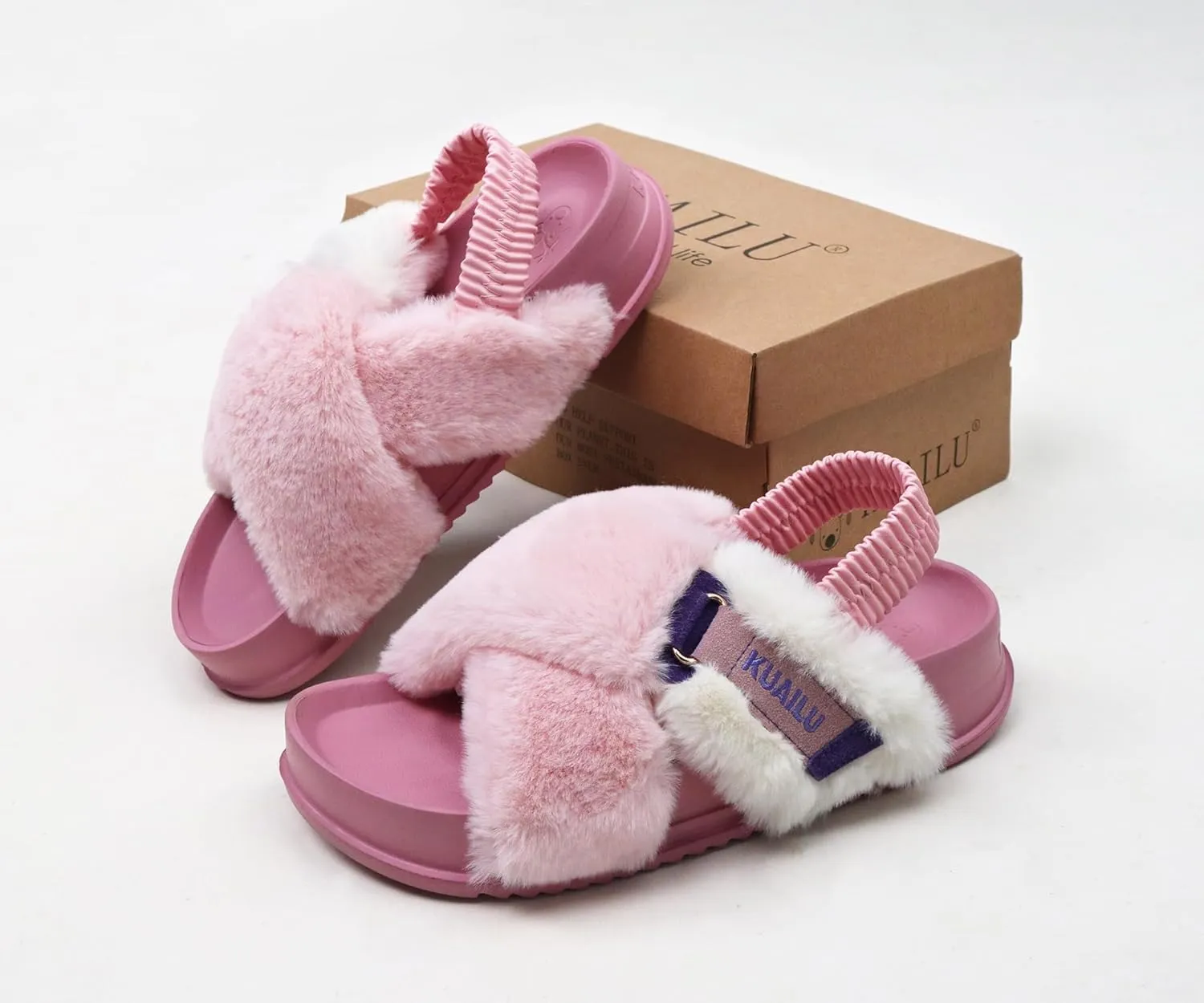 KuaiLu Womens Fuzzy Criss Cross Band Platform Slippers Arch Support Furry Faux Fur Ladies Open Toe Cozy Soft Plush Fleece Comfy House Shoes Sandals
