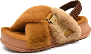 KuaiLu Womens Fuzzy Criss Cross Band Platform Slippers Arch Support Furry Faux Fur Ladies Open Toe Cozy Soft Plush Fleece Comfy House Shoes Sandals