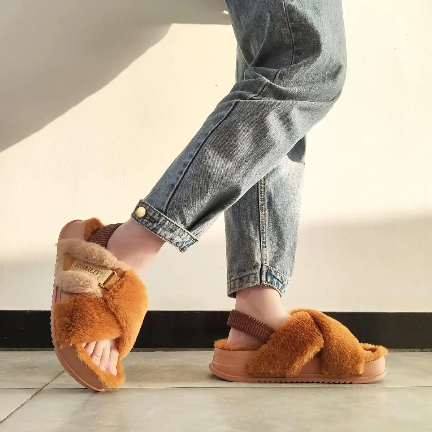 KuaiLu Womens Fuzzy Criss Cross Band Platform Slippers Arch Support Furry Faux Fur Ladies Open Toe Cozy Soft Plush Fleece Comfy House Shoes Sandals