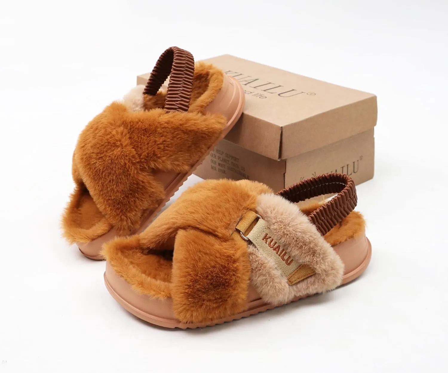 KuaiLu Womens Fuzzy Criss Cross Band Platform Slippers Arch Support Furry Faux Fur Ladies Open Toe Cozy Soft Plush Fleece Comfy House Shoes Sandals