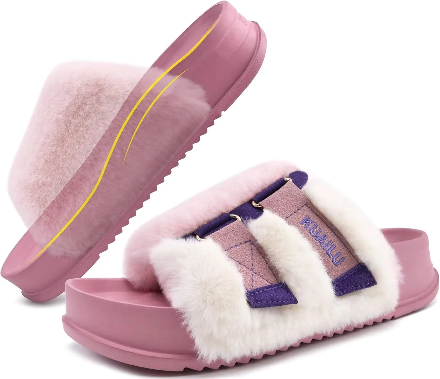 KuaiLu Women's Orthotic Slippers With Arch Support Soft Cushion Sandal Slippers for Woman Ladies Fashion Open Toe Faux Fur Platform Slipper Indoor Outdoor Size 6~12