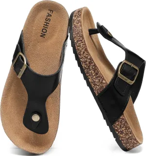 Leather Thong Cork Sandals for Men & Women, Water-Resistant Flip Flops with Cork Footbed & Memory Foam, Comfortable Summer Slides