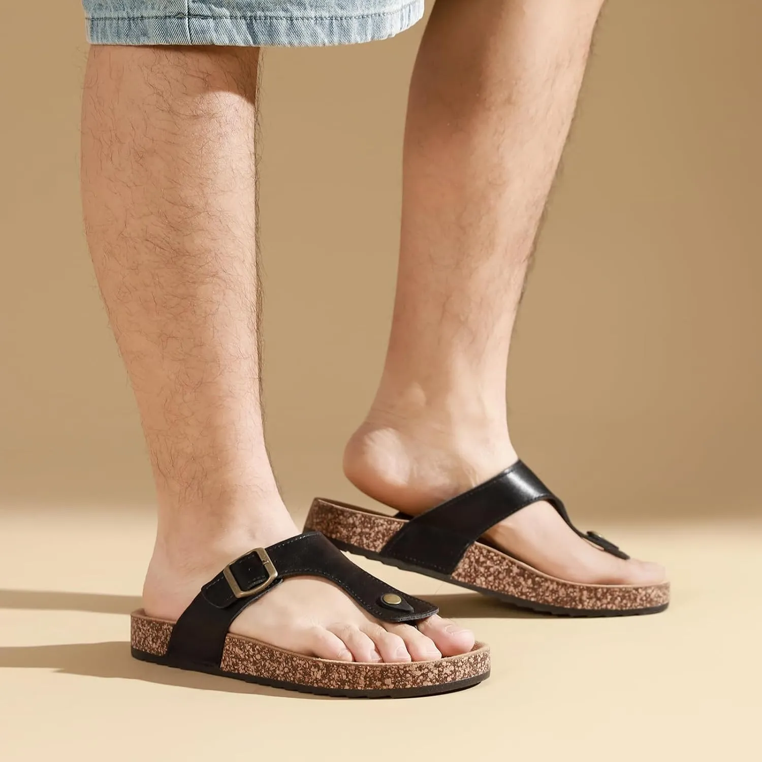 Leather Thong Cork Sandals for Men & Women, Water-Resistant Flip Flops with Cork Footbed & Memory Foam, Comfortable Summer Slides