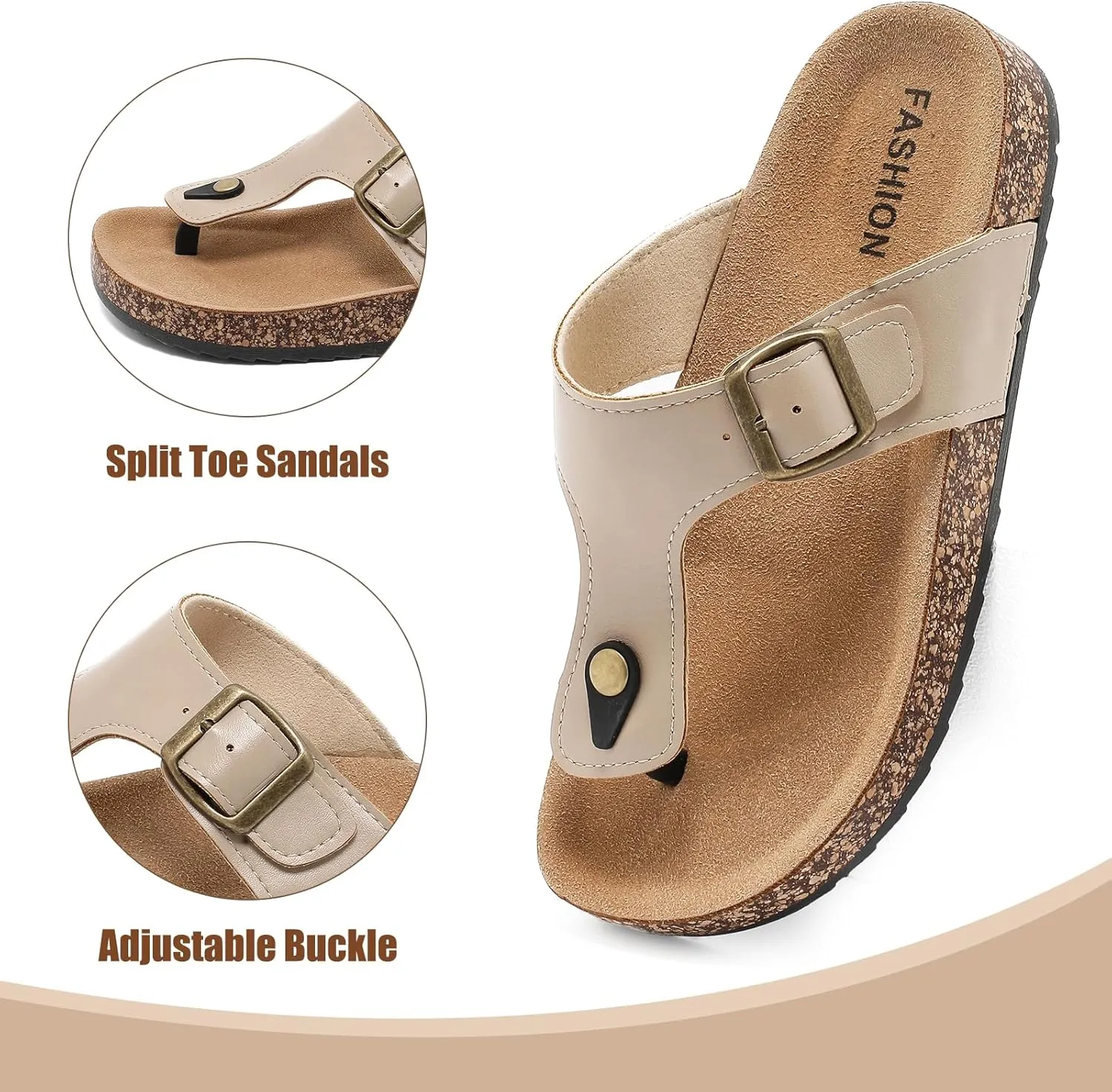 Leather Thong Cork Sandals for Men & Women, Water-Resistant Flip Flops with Cork Footbed & Memory Foam, Comfortable Summer Slides