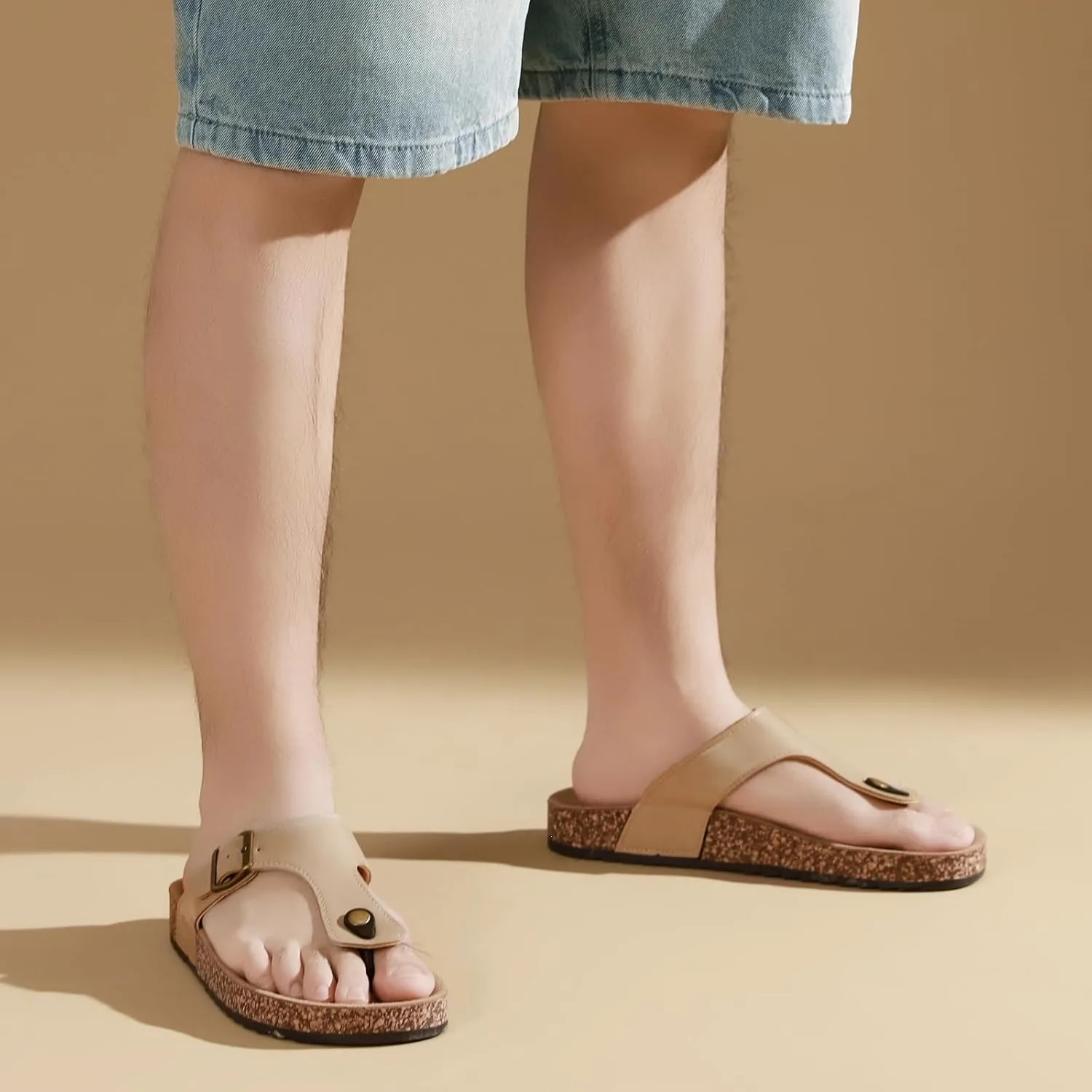 Leather Thong Cork Sandals for Men & Women, Water-Resistant Flip Flops with Cork Footbed & Memory Foam, Comfortable Summer Slides