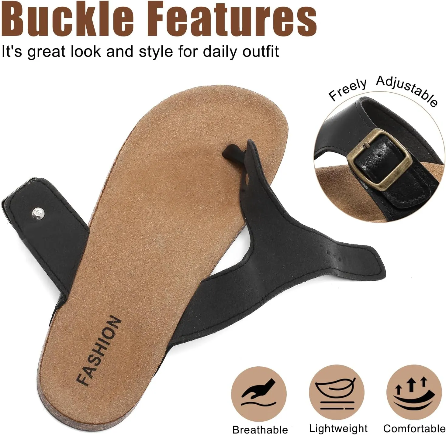 Leather Thong Cork Sandals for Men & Women, Water-Resistant Flip Flops with Cork Footbed & Memory Foam, Comfortable Summer Slides