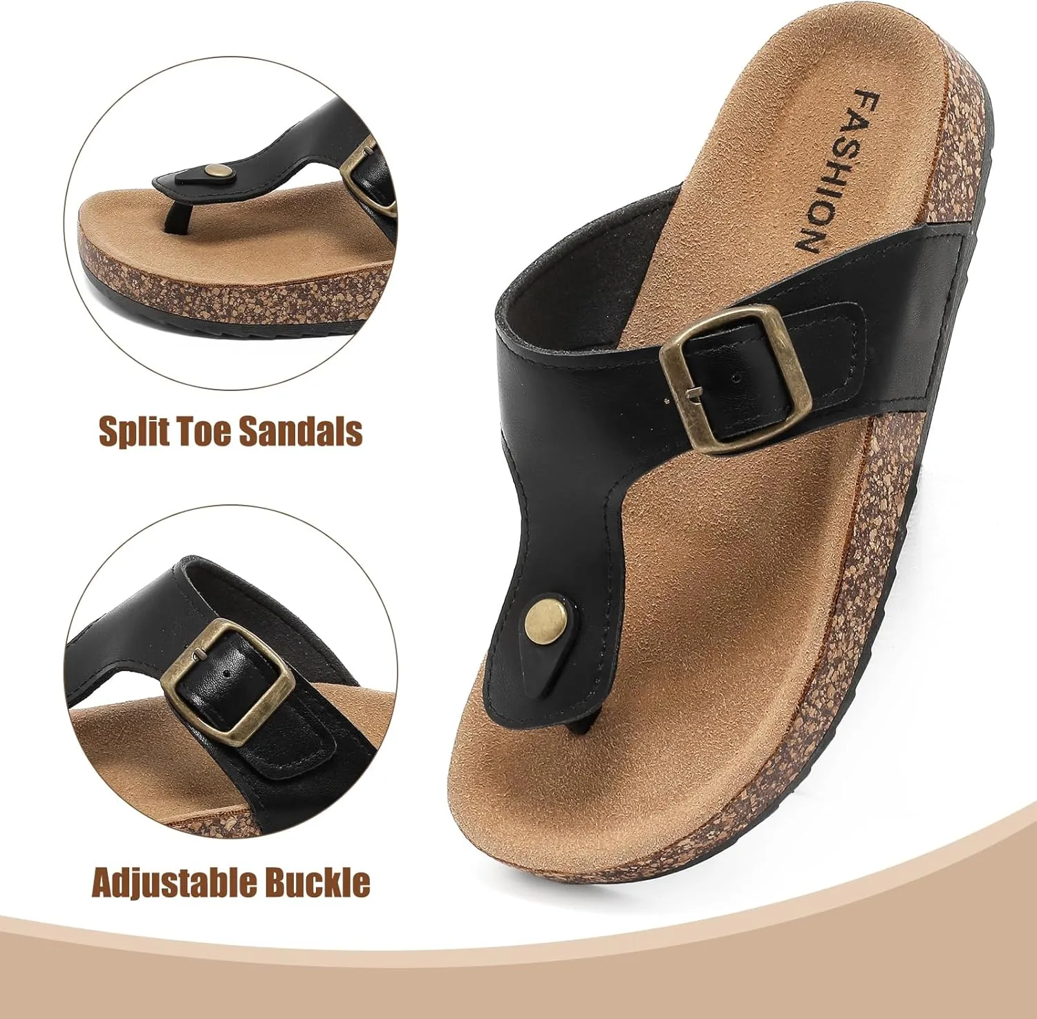 Leather Thong Cork Sandals for Men & Women, Water-Resistant Flip Flops with Cork Footbed & Memory Foam, Comfortable Summer Slides