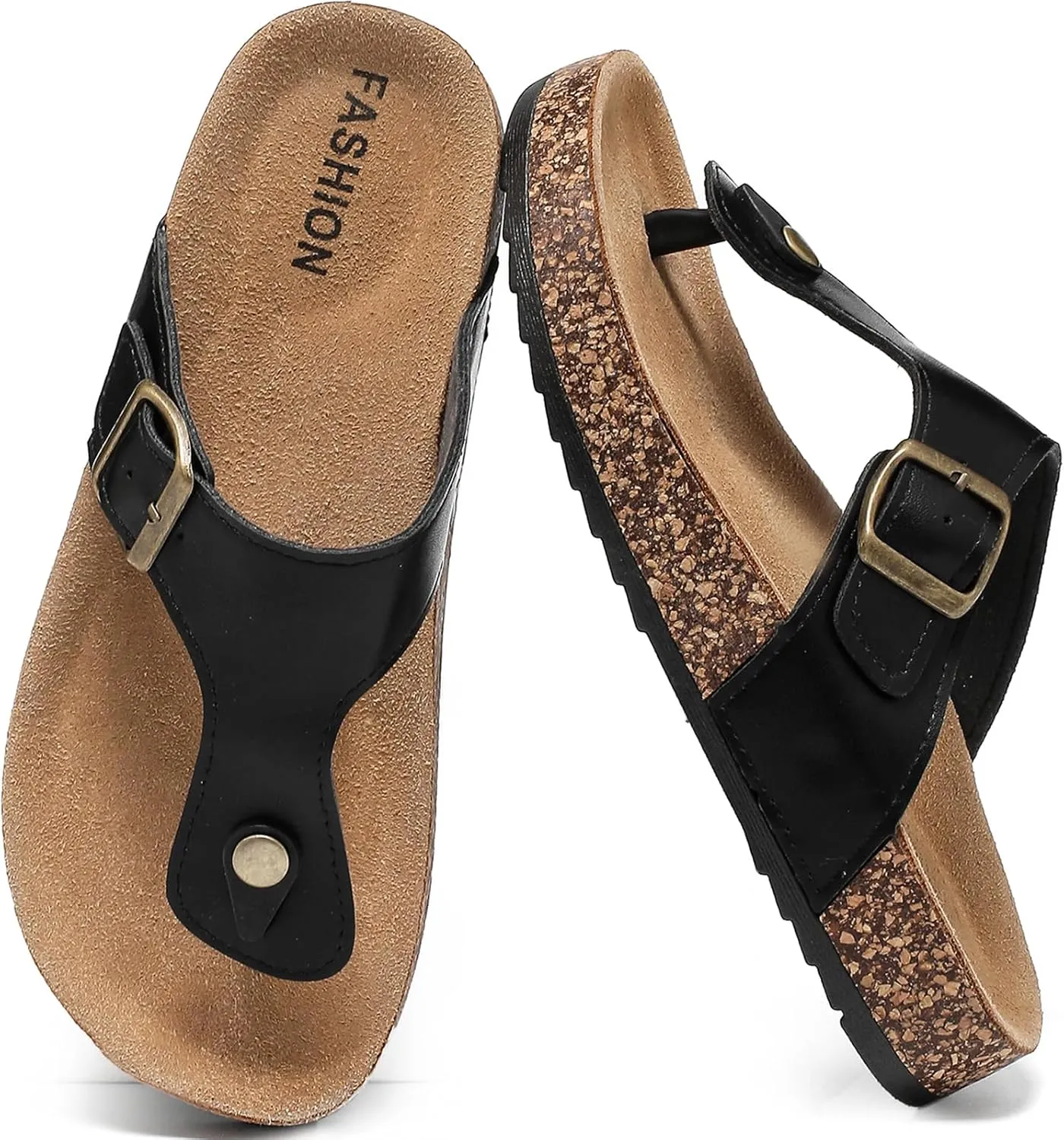 Leather Thong Cork Sandals for Men & Women, Water-Resistant Flip Flops with Cork Footbed & Memory Foam, Comfortable Summer Slides