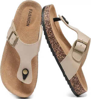 Leather Thong Cork Sandals for Men & Women, Water-Resistant Flip Flops with Cork Footbed & Memory Foam, Comfortable Summer Slides