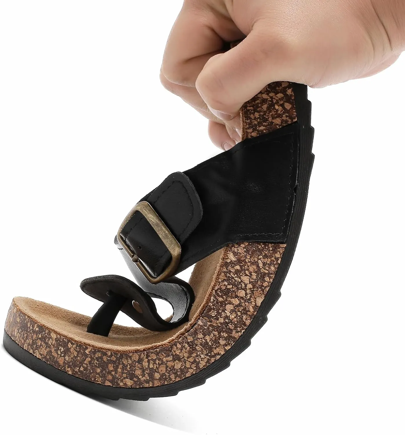 Leather Thong Cork Sandals for Men & Women, Water-Resistant Flip Flops with Cork Footbed & Memory Foam, Comfortable Summer Slides