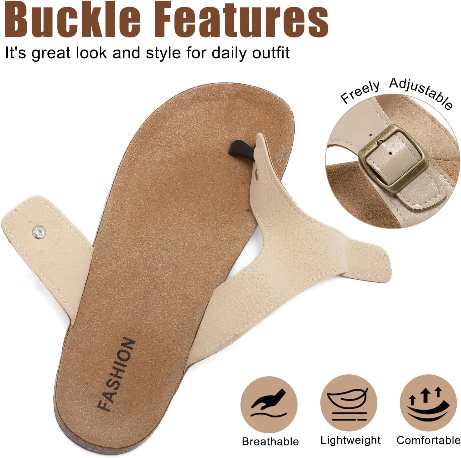 Leather Thong Cork Sandals for Men & Women, Water-Resistant Flip Flops with Cork Footbed & Memory Foam, Comfortable Summer Slides