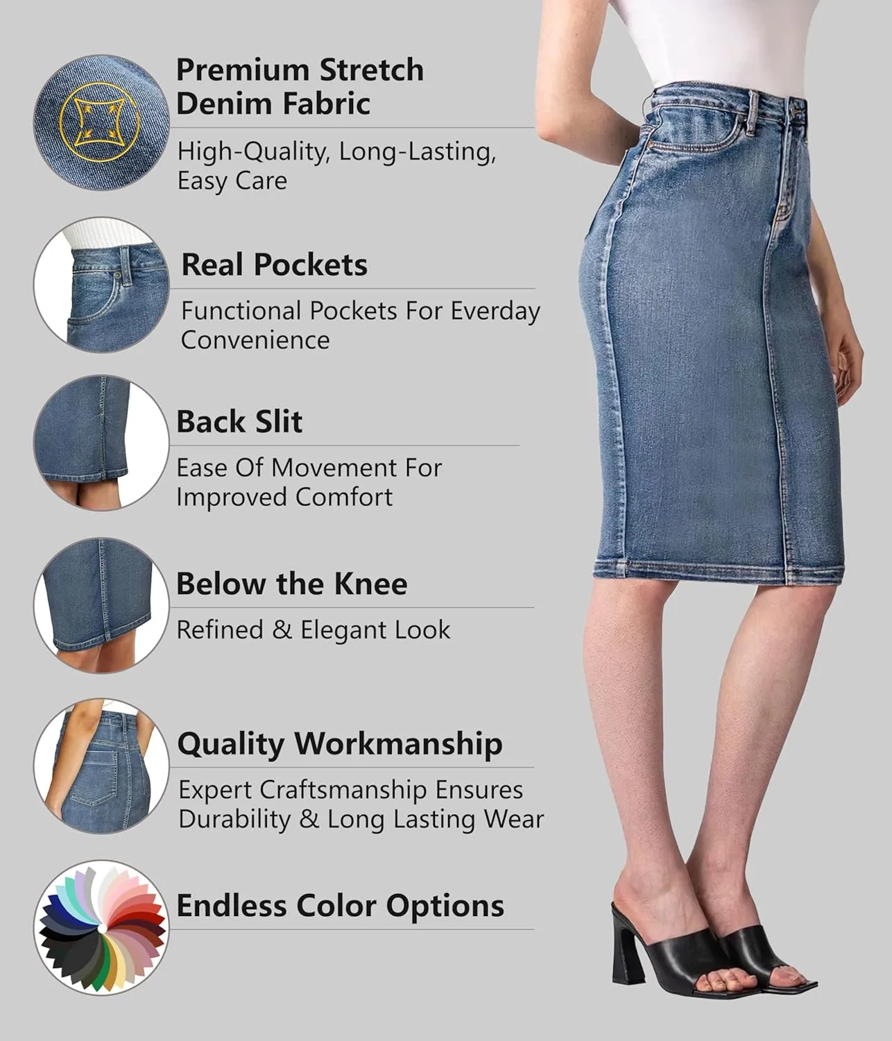 Lexi Womens Super Comfy Stretch Denim Skirt
