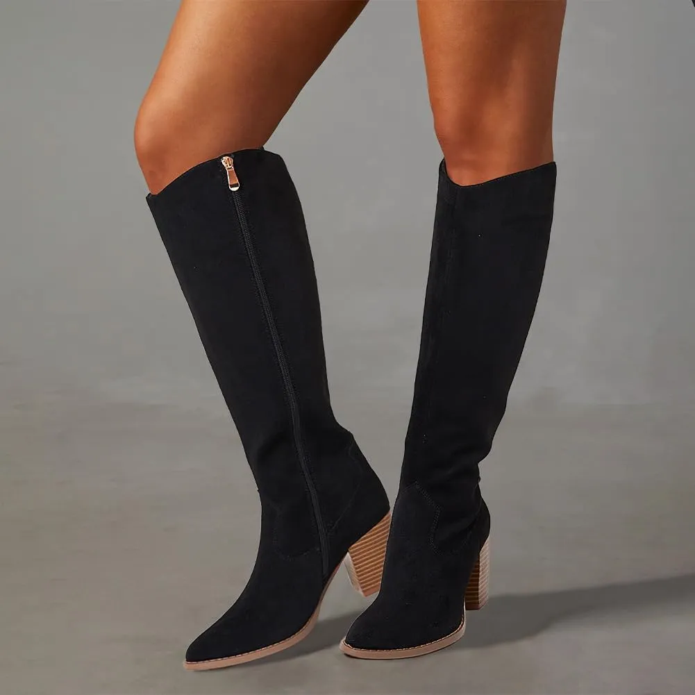 MeiLuSi Womens Knee High Boots Pointed Toe Suede Boots Chunky Heel Faux Slouchy Shoes Tall Fall 2025 Side Zipper