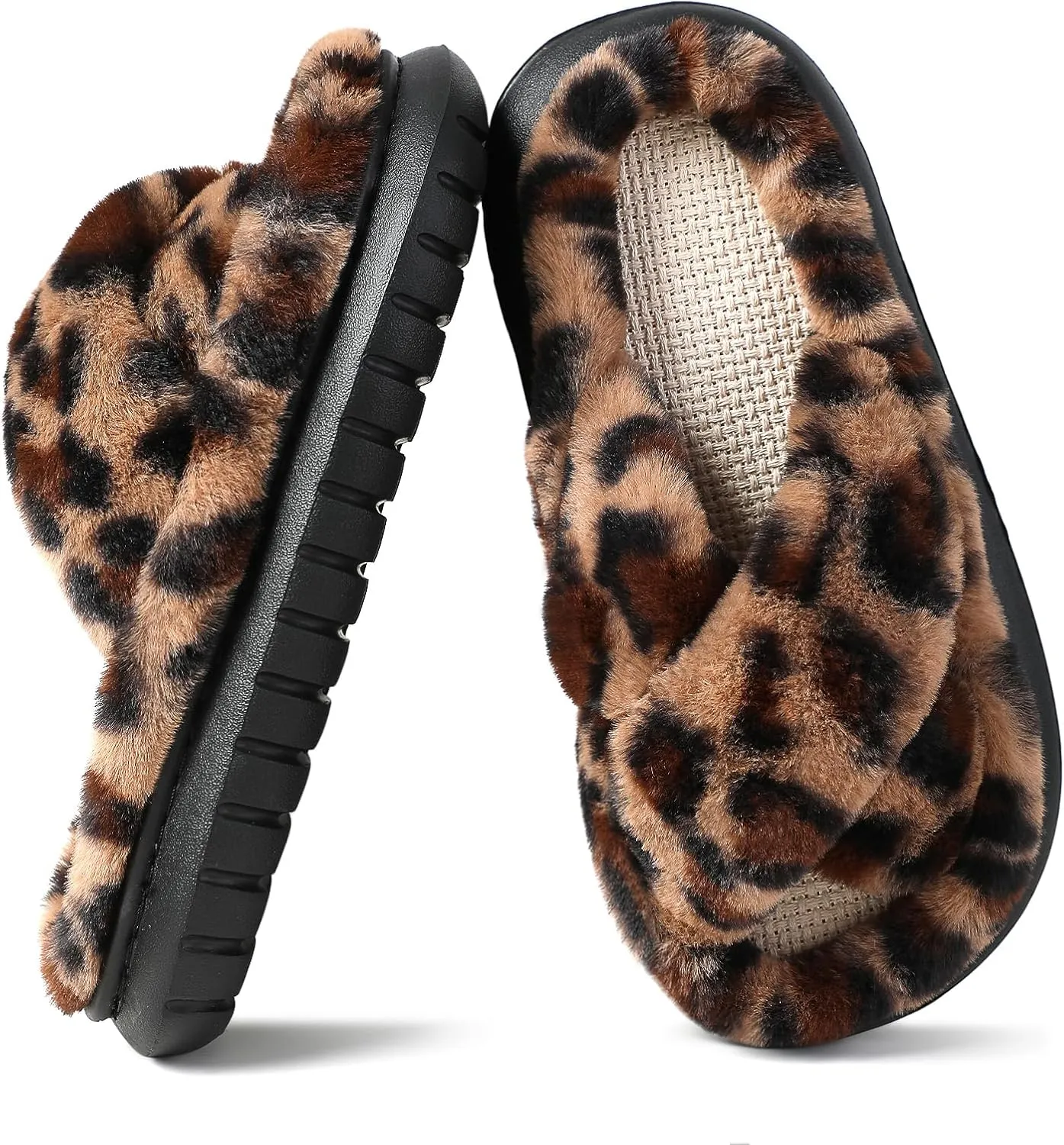 Menore Slippers for Women Crossbands House Bedroom Slides Linen Open Toe Cozy Corduroy Fuzzy Slide Sandals Indoor Outdoor Four Seasons