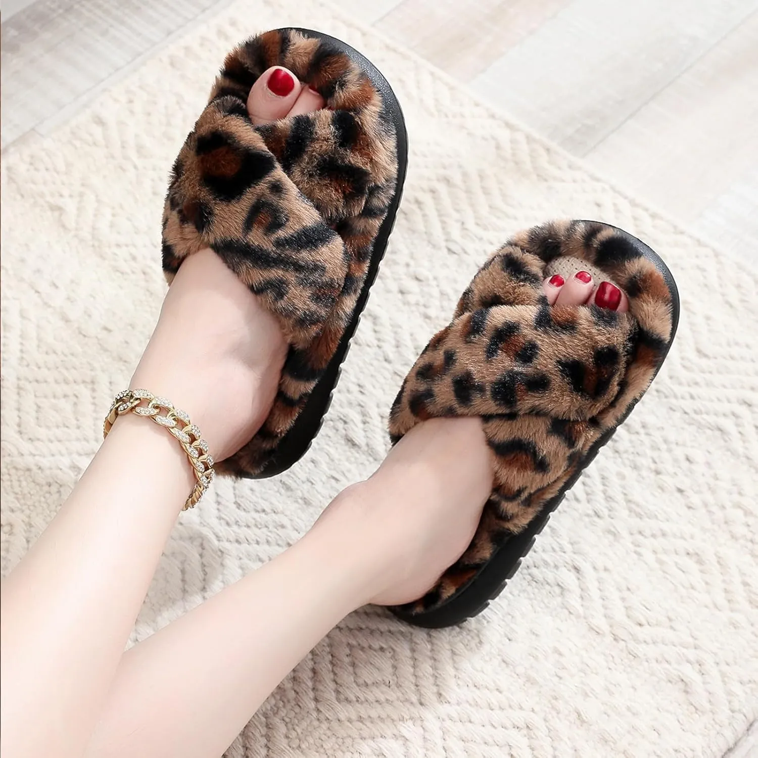 Menore Slippers for Women Crossbands House Bedroom Slides Linen Open Toe Cozy Corduroy Fuzzy Slide Sandals Indoor Outdoor Four Seasons