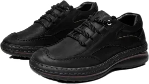 Mens Fashion Lightweight Leather Lace-Up Sneakers Low Top Round Toe Non-Slip Casual Shoes for Hiking Driving Walking Mountain Climbing