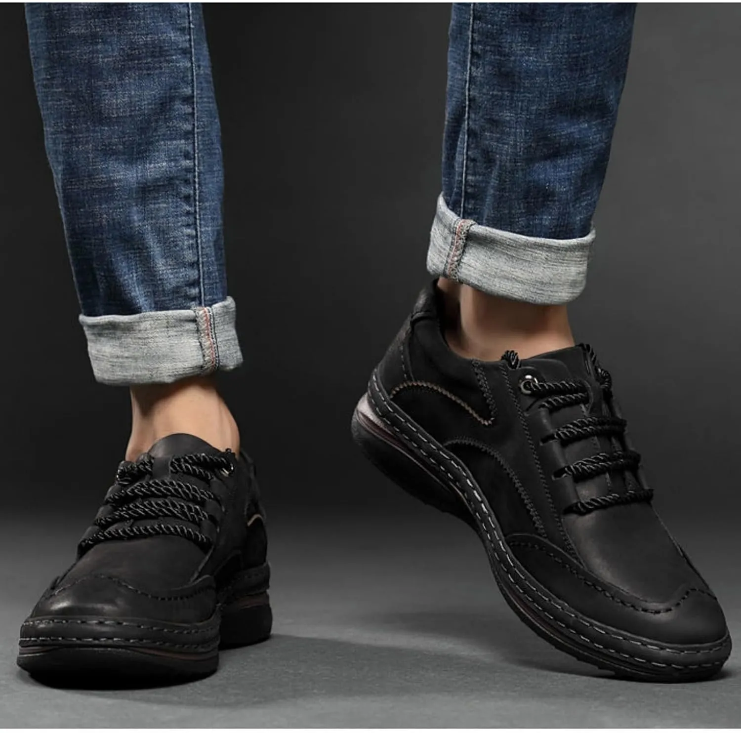 Mens Fashion Lightweight Leather Lace-Up Sneakers Low Top Round Toe Non-Slip Casual Shoes for Hiking Driving Walking Mountain Climbing