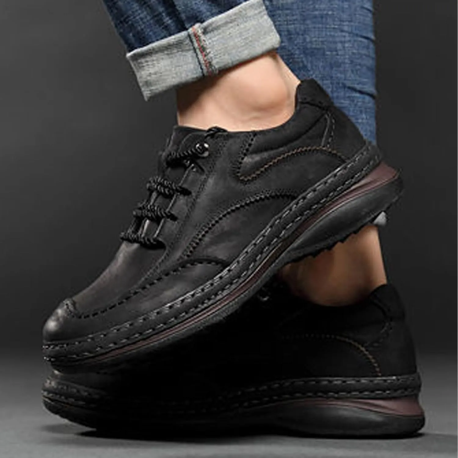 Mens Fashion Lightweight Leather Lace-Up Sneakers Low Top Round Toe Non-Slip Casual Shoes for Hiking Driving Walking Mountain Climbing