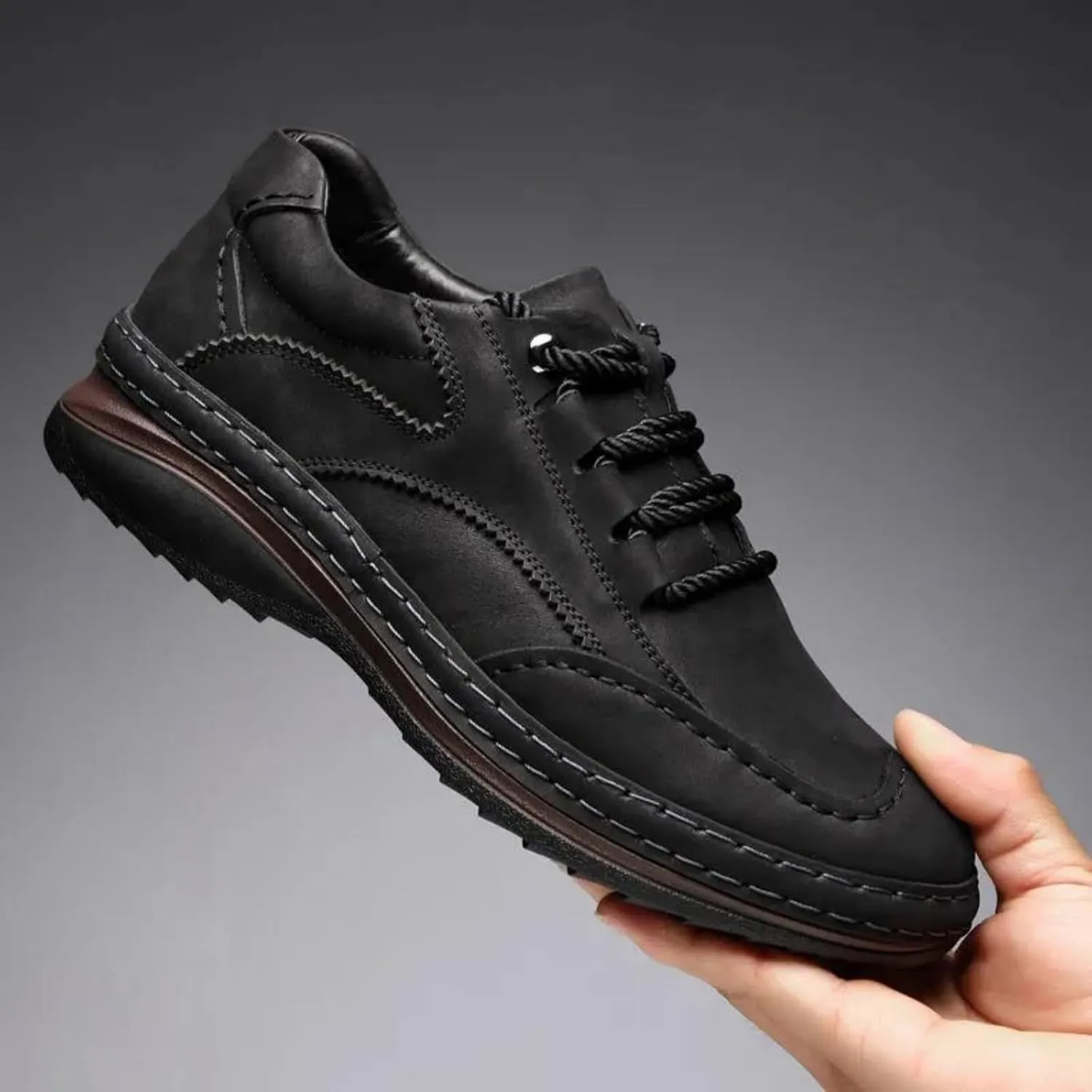Mens Fashion Lightweight Leather Lace-Up Sneakers Low Top Round Toe Non-Slip Casual Shoes for Hiking Driving Walking Mountain Climbing